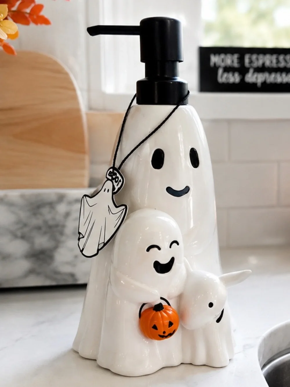 Cute Ghost Family & Puppy Halloween Soap Dispenser White Ceramic Pumpkin Spooky